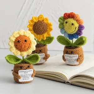 Handmade knitted sunflower potted plant with emotional support card for desk decoration
