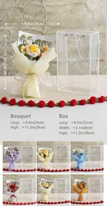 Detail view of handmade crochet bouquet with acrylic gift box including size measurements