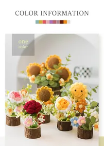 Macro detail of hand-knitted sunflower and rose bouquet in a mini wooden pot
