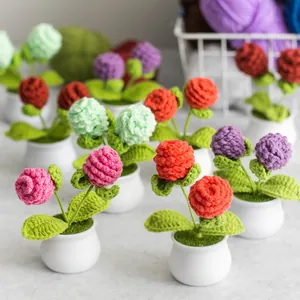 Handmade crochet potted flower ornaments in various colors with green leaves and white pot