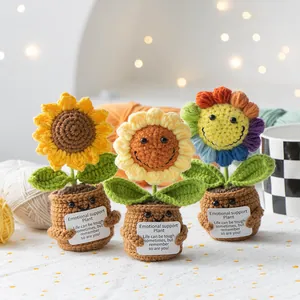 Three handmade crochet sunflower potted plants with emotional support message cards