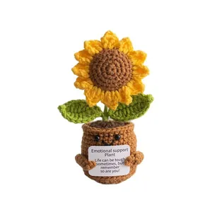 Handmade crochet sunflower potted plant with emotional support card for desk decor