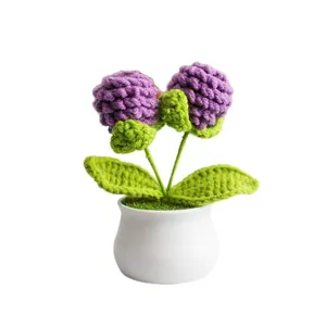 Handmade crochet potted lavender flowers in a white ceramic vase for home desk decor