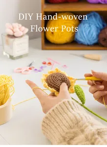 Close-up of DIY crochet sunflower kit with colorful yarn balls and crafting tools