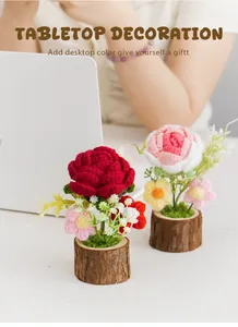 Detail of handmade crochet potted roses with natural wood base for desktop decoration