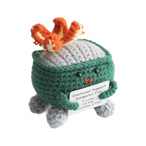 Handmade crochet emotional support dumpster fire plushie with funny positive card