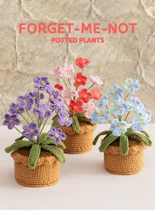 Three handmade crochet forget-me-not potted plants in purple, pink and blue colors