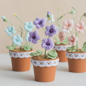 Handmade Crochet Freesia Artificial Potted Plant Knitted Yarn Flower Desktop Ornament With Lace Pot Home Decoration Gift
