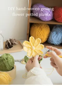 DIY hand-woven kit with colorful yarn balls and crochet tools for making potted plants