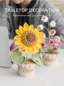 Detail of hand-crocheted sunflower and lily of the valley potted plants with leather label