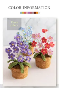 Macro detail of handmade crochet forget-me-not potted plants in purple, pink and blue