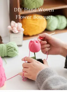 Detailed view of DIY hand woven pink tulip bouquet with crochet tools and colorful yarn