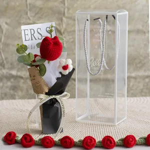 Handmade Crochet Tulip Flower Bouquet With Transparent PET Gift Box Knitting Artificial Daisy Floral For Women Students Home Decor