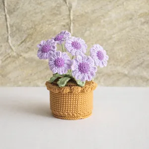 Handmade crochet purple daisy flower pot ornament for home and indoor desk decoration