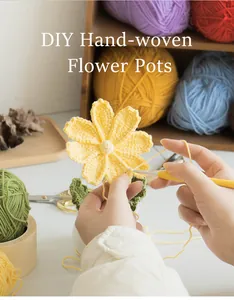 Detail showing a DIY crochet kit with yellow hand-woven flowers and colorful yarn balls