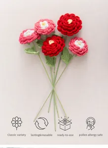 Détail de cinq pivoines faites à la main au crochet en rouge et rose avec texture douce