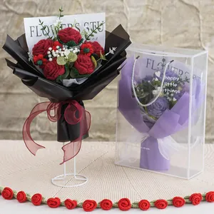 Handmade Crochet Rose Flower Bouquet With Clear Gift Box Artificial Cotton Yarn Flowers For Valentine Mother Day Wedding Home Decor