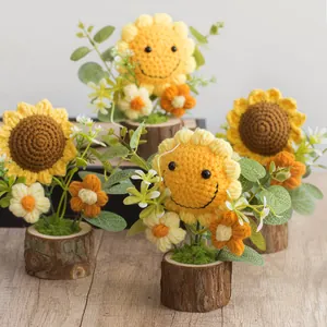Handmade crochet sunflower potted plant with wooden base for home desk decoration