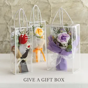 Handmade Crochet Knitted Flower Bouquet With Transparent Gift Box Artificial Rose Sunflower Tulip Carnation For Mother's Day Graduation Decor