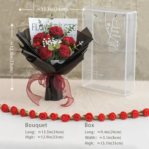 Handmade crochet red rose bouquet in transparent gift box with black wrapping paper