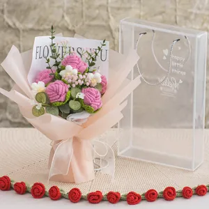 Handmade crochet pink rose bouquet in clear gift bag with ribbon for holiday gifting