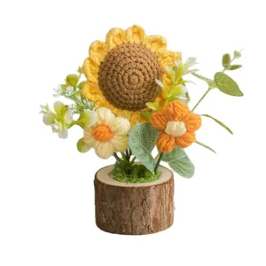 Handmade crochet sunflower in wood pot, cozy knitted floral home decor gift