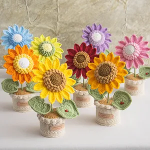 Handmade Crochet Flower Potted Plant Milk Cotton Knitted Sunflower Lily Daisy Rose Miniature Artificial Plant Home Decoration