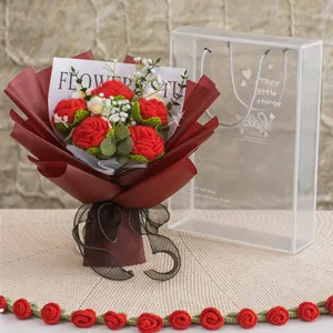 Handmade crochet red rose bouquet in premium wine red packaging with clear PVC gift bag