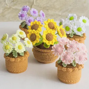 Handmade crochet potted daisies and sunflowers desktop ornaments for indoor home decor