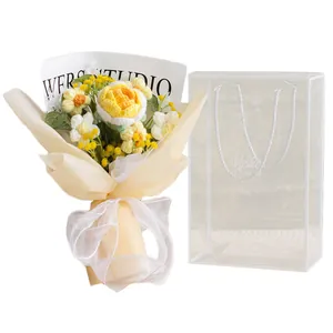 Handmade crochet rose bouquet in premium transparent gift bag with yellow wrapping
