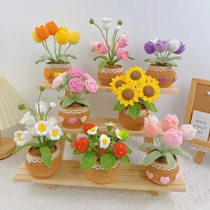 Handmade crochet mini potted flower set featuring sunflower tulip and strawberry