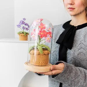 Handmade crochet forget-me-not flower pot with glass dome and wooden base for home decor