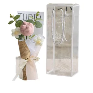 Handmade crochet pink tulip flower bouquet set in a transparent PVC gift carry bag