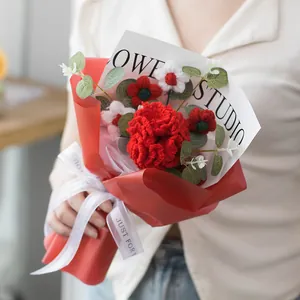 Bouquet de carnations fait main au crochet dans un emballage cadeau rouge avec ruban