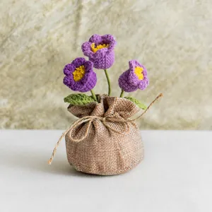 Handmade crochet lily of the valley purple flower pot in brown burlap gift bag