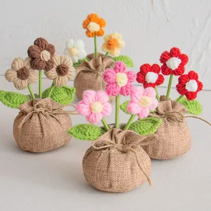 Handmade Crochet Puff Flower Potted Ornament Yarn Knitting Lucky Bag Desktop Decoration Gift Artificial Floral Arrangement