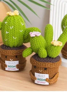 Détail de cactus au crochet faits main avec cartes d'inspiration sur table en bois
