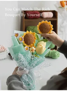 Detail of hand-crocheted bouquet with sunflower and tulips in green frosted wrapping paper