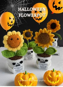 Dettaglio del girasole all'uncinetto di Halloween con base a teschio e carta di supporto