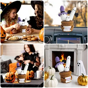 Decorazione Halloween fantasmi all'uncinetto con tre mini fantasmi in vaso lavorato