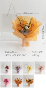 Detailed size specifications for handmade crochet flower bouquet and gift bag dimensions