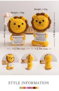 Detailed views of handmade crochet lion dolls with positive quote cards in two sizes