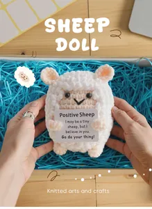 Detailed view of handmade knitted white sheep doll with encouraging card in gift box