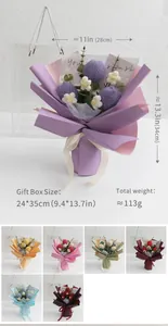 Detailed view of handmade crochet flower bouquet in diverse colors with gift packaging