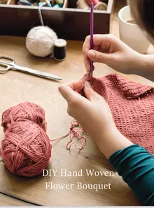 Close-up of DIY crochet process with pink yarn and hook for handmade flower bouquet