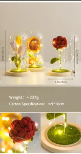 Détail d'une veilleuse tournesol au crochet avec LED dans un dôme en verre et socle bois