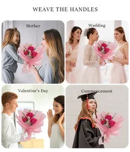Handmade crochet flower bouquet shown in four diverse gift-giving social scenes