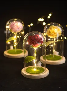 Détail d'une rose au crochet faite main sous dôme de verre avec LED blanc chaud