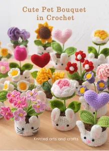 Detail of diverse handmade crochet mini potted plants with animal bases on a wooden desk