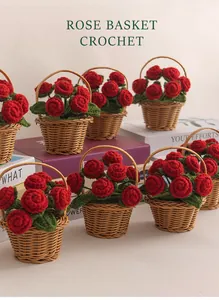 Detailed view of handmade crochet red rose basket with woven handle and green leaves